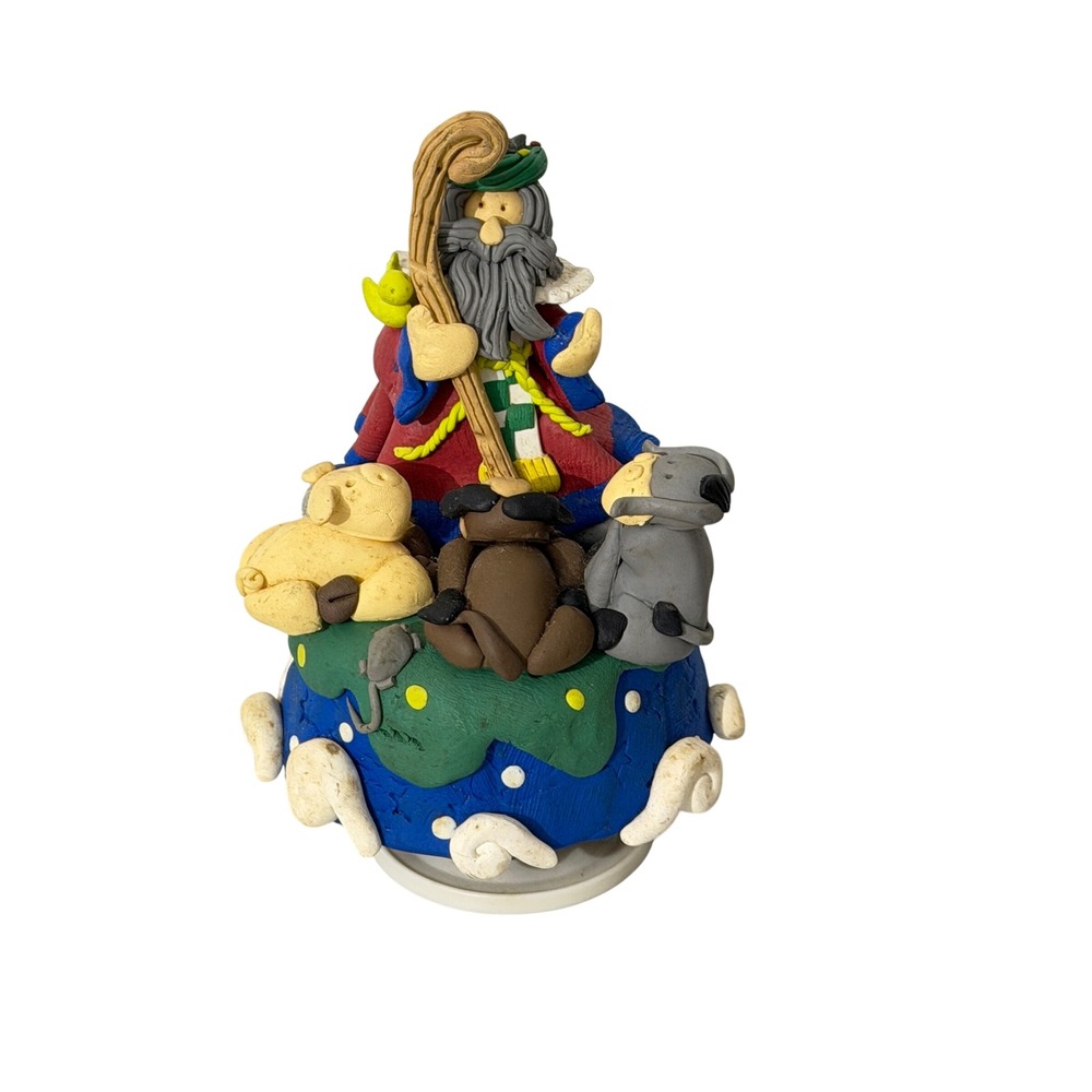 Vintage  Shepherd Santa Music Box  Multi Color Polymer Clay Folk Art